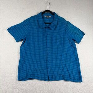 FLAX Mens Blue Check 100% Linen Short Sleeve Button Down Shirt XXL Lithuania